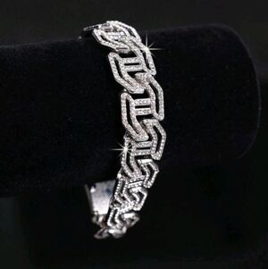 Men's Elegant Iced Out Fully Rhinestone Figaro H-shape Silver Chain bracelet 8"